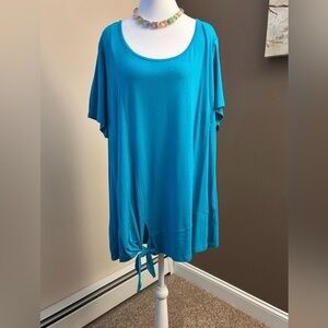 Plus Size Tunic Top 20 Peacock Blue Tie Hem Short Sleeve